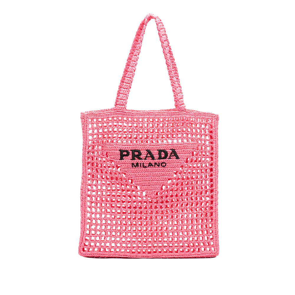 Pre-Loved Prada Raffia Effect Crochet Logo Embroidered Tote